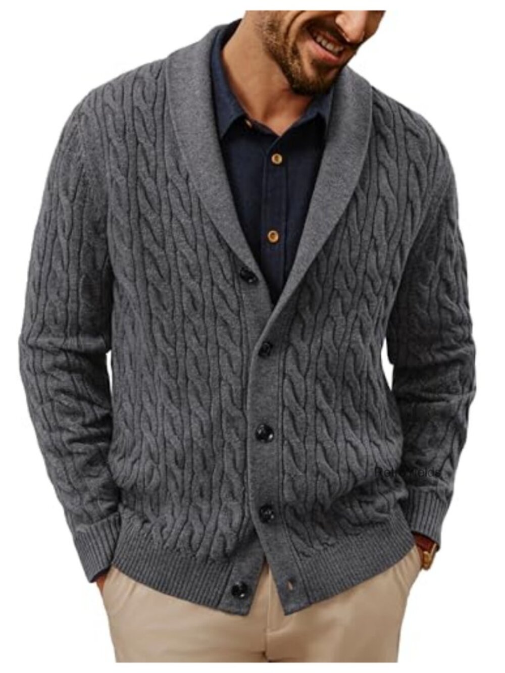 Men's Cable Knit Cardigan Button Down Shawl Collar Sweater
